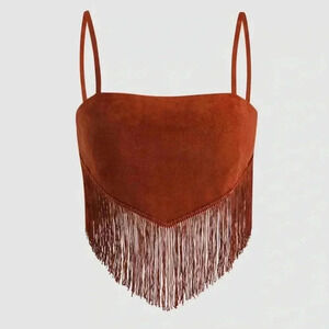 Cider Sold Tassel Cami Cropped Brown Spaghetti Strap Tank Top Women’s Size Small